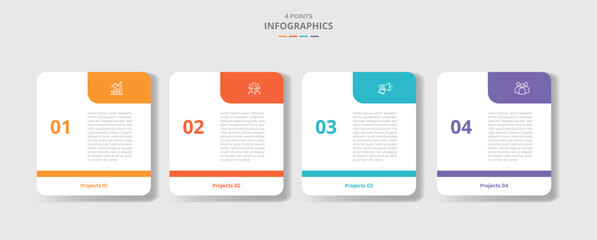 4 points template infographic with square box with round edge with header badge side with drop shadow style with four stage list information