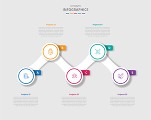 5 points template infographic with circle up and down with horizontal line connection with drop shadow style with four stage list information