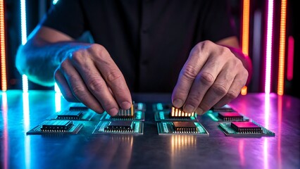 Hands installing computer processors on a motherboard with neon lighting