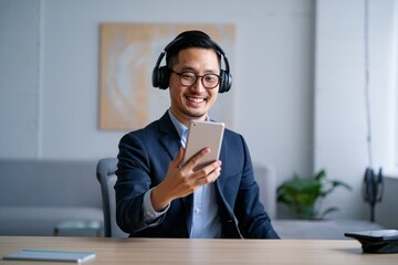 Smiling Asian Businessman with Headset and Smartphone at Desk