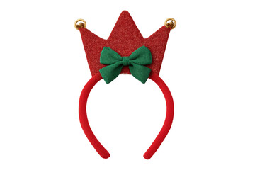 Red and green christmas crown headband with jingle bells on transparent background