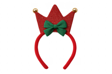 Red and green christmas crown headband with jingle bells on transparent background