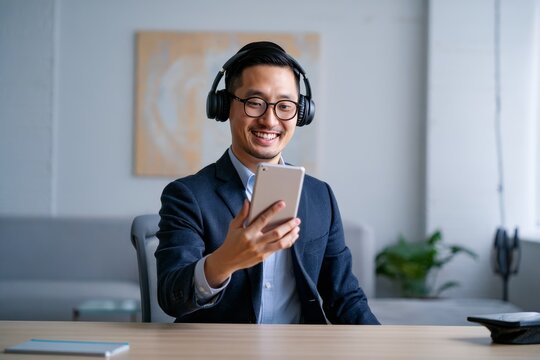 Smiling Asian Businessman with Headset and Smartphone at Desk