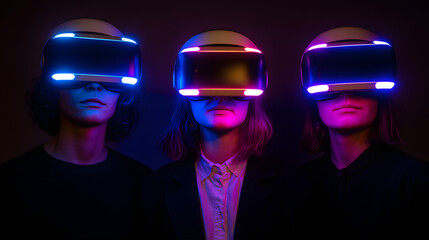 Three individuals wearing futuristic virtual reality headsets, illuminated by vibrant pink and blue lights, creating a captivating atmosphere.