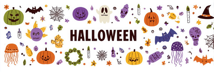 Halloween set of elements, ghost, pumpkin and bat. Vector is cute illustration in hand drawn style
