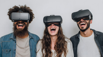 Three diverse friends enjoying virtual reality experiences, laughing joyfully while wearing VR headsets.