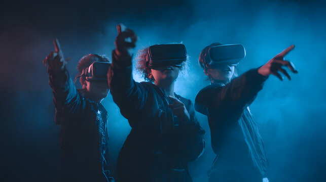 Three diverse individuals, a man and two women, enjoy a virtual reality experience surrounded by colorful smoke.