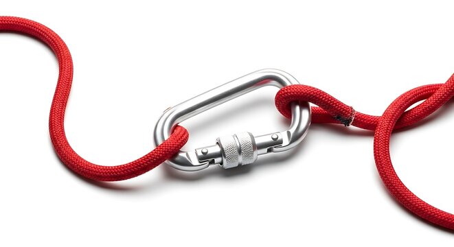 Red rope  carabiner on white.