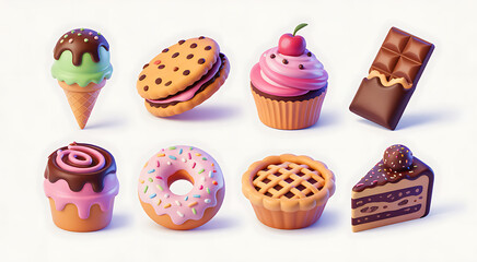 Collection of delicious assorted sweet desserts and baked goods on a white background
