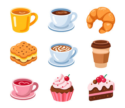 Collection of delicious coffee drinks and sweet pastries for breakfast or a snack