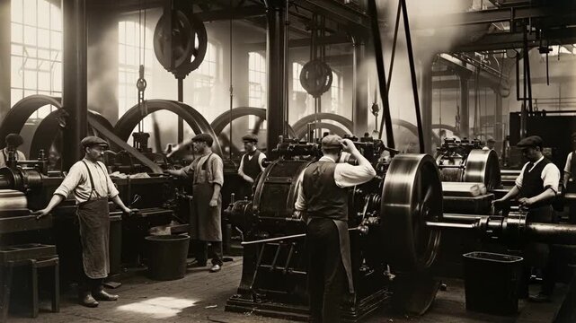 Vintage Industrial Revolution Factory Workers - A sepia-toned video depicting workers operating large machinery in a bustling 19th-century industrial factory.