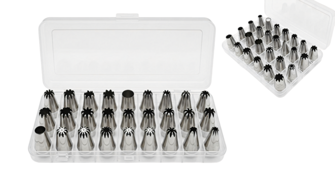 Stainless Steel Pastry Tips Set in Clear Plastic Case.