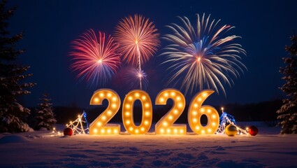 Magical New Year 2026 Celebration with Glowing Numbers, Fireworks and Snowy Night Background