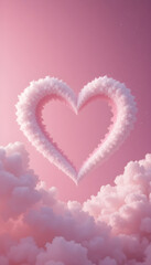 Heart-Shaped Cloud Formation in a Pastel Pink Sky.A captivating image of a heart shape formed by fluffy, white clouds against a soft, pastel pink sky.