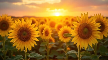 Obraz premium Sunflowers in a field at sunset