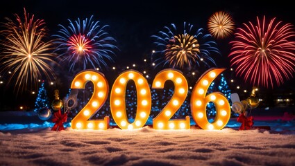 Magical New Year 2026 Celebration with Glowing Numbers, Fireworks and Snowy Night Background