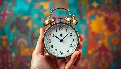 Close-up of perfectly manicured hand holding an alarm clock against vibrant backdrop, punctuality, white nails