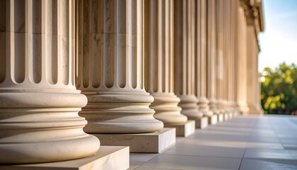 Rows of elegant white columns on a light-colored stone floor. Sunlight highlights the detail