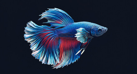 Fototapeta premium A stunning Siamese fighting fish with vibrant blue and red flowing fins gracefully swimming against a dark isolated background
