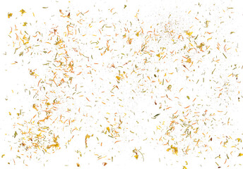 Dry St. John's wort petals, seeds, leaves and flower (Hypericum perforatum) isolated on white background, top view