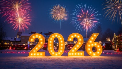 Magical New Year 2026 Celebration with Glowing Numbers, Fireworks and Snowy Night Background