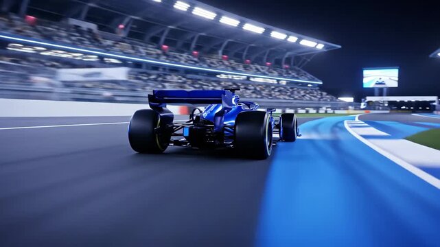 Blue Formula One Car Night Race Acceleration - A powerful blue Formula One racing car accelerates along a night racing track, with blurred motion trails and bright stadium lights in the background.