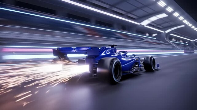 Blue Formula One Car Night Race Acceleration - A powerful blue Formula One racing car accelerates rapidly along a night track, sparks trailing behind the rear wheels.