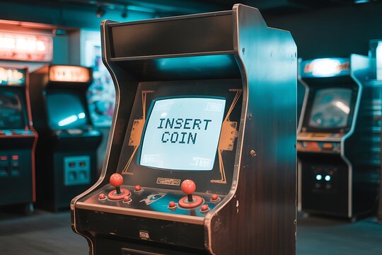 Nostalgic Retro Arcade Gaming Cabinet Displaying Insert Coin Message with Vintage Aesthetics and Vibrant Colors Perfect for Throwback Gaming Enthusiasts - Powered by Adobe