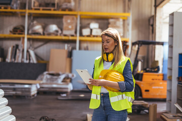 Female Warehouse Worker Checking Inventory with Digital Tablet in Industrial Environment