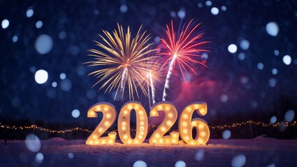 Magical New Year 2026 Celebration with Glowing Numbers, Fireworks and Snowy Night Background