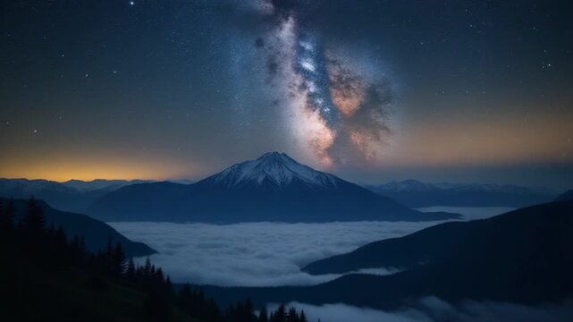 Time lapse of The Milky Way Galaxy moves above the mountains and clouds on a starry night. Epic video 4K