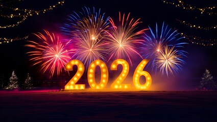 Magical New Year 2026 Celebration with Glowing Numbers, Fireworks and Snowy Night Background