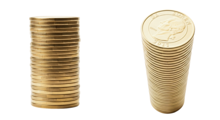 Two tall neat stacks of shiny gold coins with reeded edges one showing the top coins face from 2011.