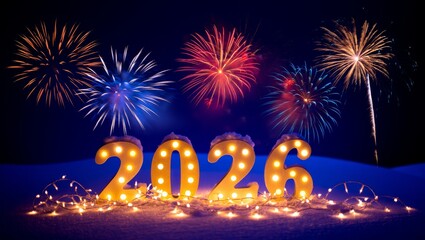 Magical New Year 2026 Celebration with Glowing Numbers, Fireworks and Snowy Night Background