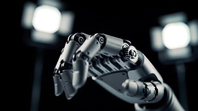 A close up shot of a robotic hand with gears and metal against a dark background with lights behind