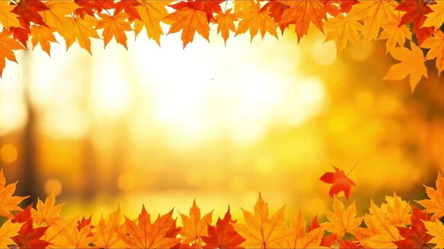 Vibrant autumn maple leaves form a warm, colorful frame around a bright, golden bokeh background with ample copy space.