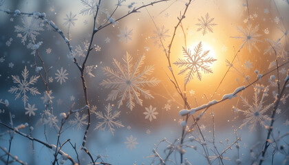 Stunning Snowflakes on Branches at Sunrise.This image showcases intricate snowflakes adorning branches on a winter morning.