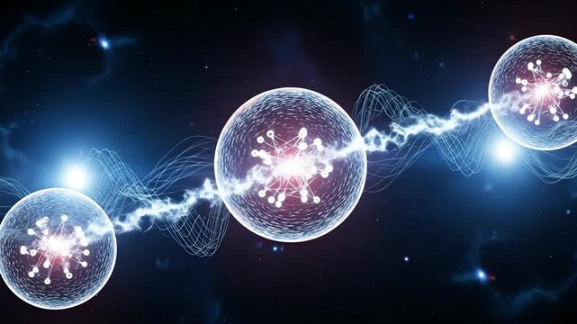 Quantum Entanglement: Energy Flow - Three glowing orbs, representing quantum particles, are connected by glowing energy waves in a dark space background.