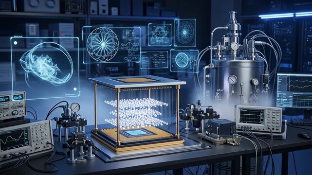 Quantum Computing Lab: Advanced Processor - A close-up shot of an advanced quantum computer processor surrounded by high-tech equipment in a futuristic laboratory setting.