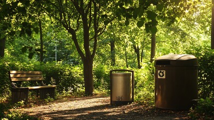 Fototapeta premium Park setting with a large metal trash can and a recycling bin side by side surrounded by lush greenery trees and a nearby bench with sunlight filtering through the leaves