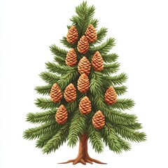Isolated evergreen Christmas tree with decoration and pinecone on a white background for holiday celebration