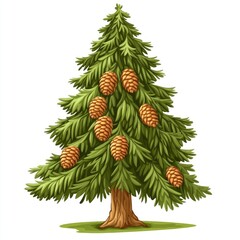 A close-up of a festive Christmas tree branch with pine cones and winter decoration sits isolated against a snowy evergreen season background