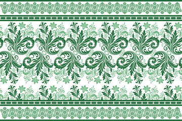 Green ornamental floral seamless vector pattern with decorative borders, vintage textile design, traditional wallpaper, fabric print, saree border, invitation border, surface decoration and home décor