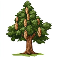 A vector illustration of natural pine cones on an evergreen tree branch, perfect for Christmas and winter holiday decoration