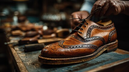 Crafting a fine leather shoe in a traditional workshop during the afternoon