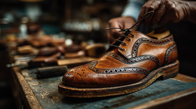 Crafting a fine leather shoe in a traditional workshop during the afternoon