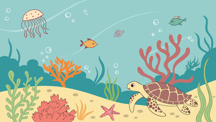 underwater world with fishes Colourful underwater sea life vector illustration with coral reef, fishes, sea turtle, starfish © Farhana