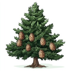 Green Christmas tree with cones and pine branch isolated on white for winter holiday decoration