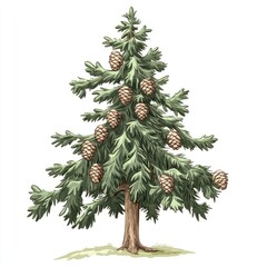 Decorated Christmas tree isolated on a white background with ornaments, a star, and gifts for the winter holiday season