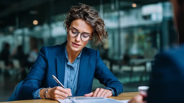 Woman in blazer writing on paper sits at a table with another person out of focus